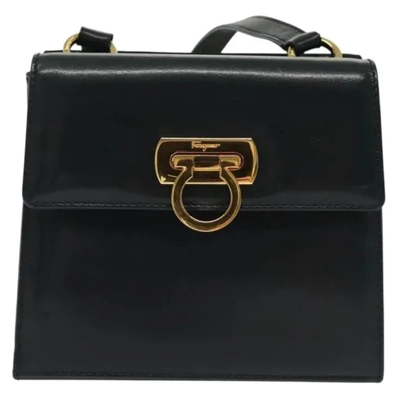 Salvatore Ferragamo Gancini Shoulder Bag Leather Suede Navy Gold Auth - Picture 7 of 16